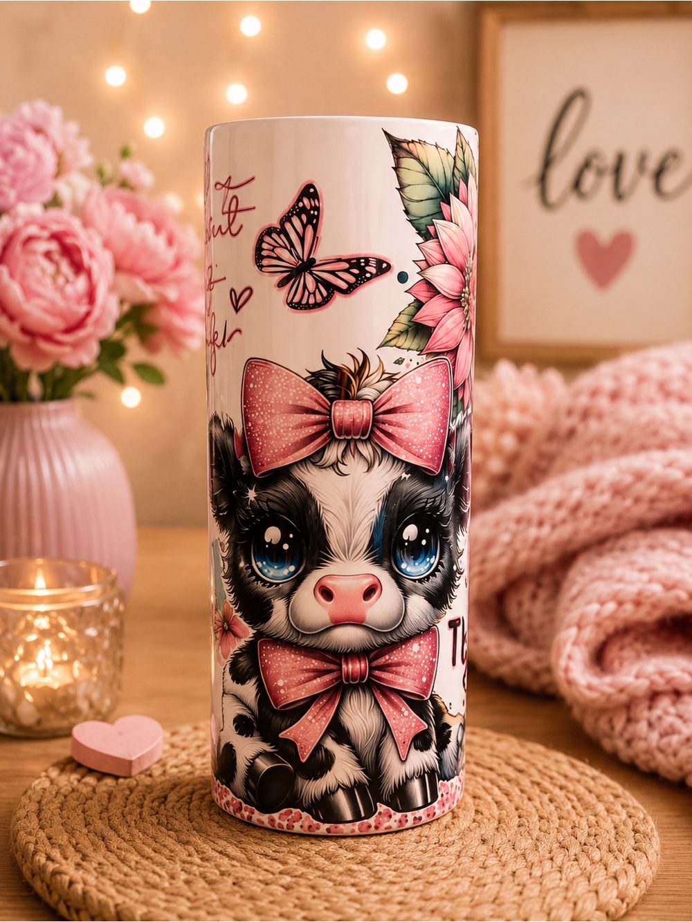 20oz Sublimation Cute Calf Tumbler - Pink bow
